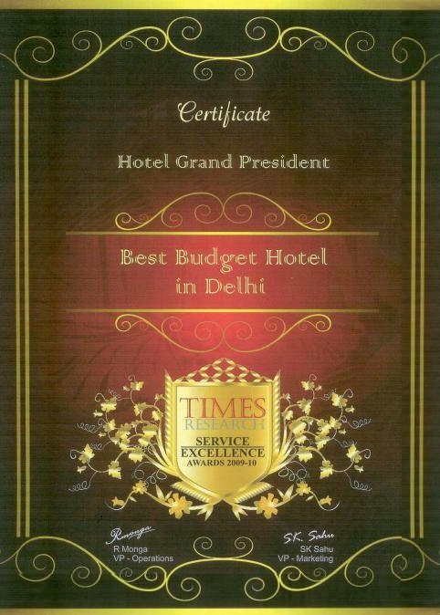Best Budget Hotel of Delhi Certificate